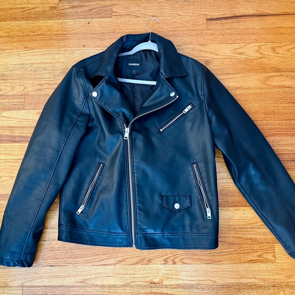 Express Black Faux Leather Biker Jacket for Men